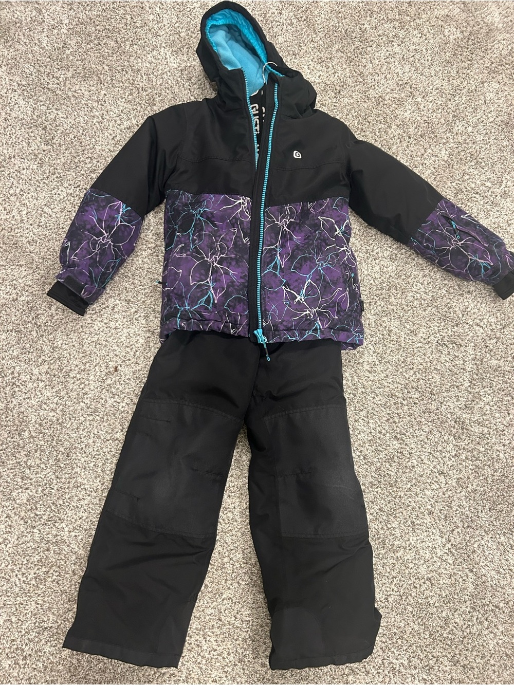 Gusti Black and Purple Kids Snow Jacket & Pants with Teal Trim